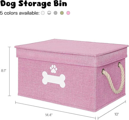 Dog Toy Basket with Lid, Dog Basket for Toys, Dogs Toy Box with Cotton Rope Handles, Collapsible Storage Bins for Pet Toys, Dogs Storage Organizer, Pink