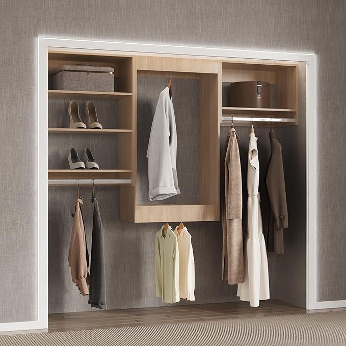 Modular Closet, 72" Wooden Tower with Shelving for Walk In Closets - Wall Mounted Bedroom Wardrobe Organizer