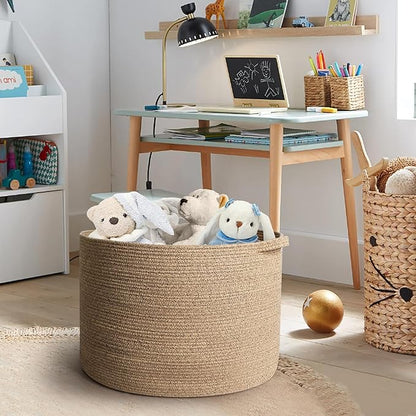 Large Wicker Storage Basket, 22” X 22” X 14” Woven Cotton Rope Basket, Kids Dog Toy Bin Organizer, Blanket Pillow Holder for Living Room, Brown Variegated Wicker Baskets for Organizing