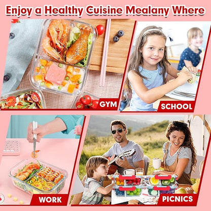 VERONES 5 Pack Glass Meal Prep Containers 3 Compartment Set, 36OZ Airtight Glass Lunch Containers, Glass Food Storage Containers with Lids, for Microwave, Oven, Freezer & Dishwasher Friendly,Red