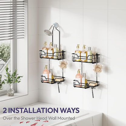 SWTYMIKI Bathroom Shower Caddy Hanging - Extended Length 2 Tier Rustproof Over Shower Head Organizer, No Drilling Bathroom Shelf with 14 Hooks & Soap Holder, Anti-Swing Rack, Black, Medium