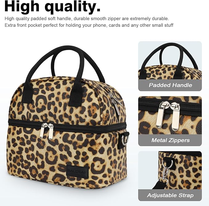 BALORAY Lunch Bag for Women Men, Double Deck Lunch Box for Adults, PU Leather Lunch Tote Bag Insulated Lunch Bags with Strap for Work Office Picnic (leopard with strap)