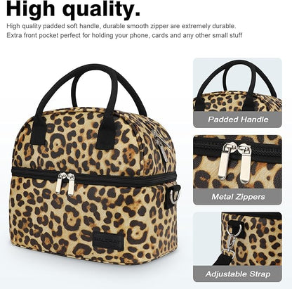 BALORAY Lunch Bag for Women Men, Double Deck Lunch Box for Adults, PU Leather Lunch Tote Bag Insulated Lunch Bags with Strap for Work Office Picnic (leopard with strap)