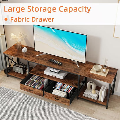 GYIIYUO TV Stand with Fabric Drawers for 80 85 Inches TV - Entertainment Center and Industrial TV Console Table with Open Storage Shelves for Living Room, Bedroom- 79.1" Rustic Brown