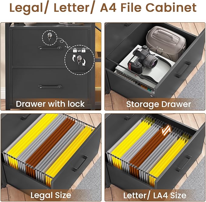 SEDETA 35.4” File Cabinet, Filing Cabinet fits Letter/A4 Size, 2 Drawe File Cabinets for Home Office with Power Strip, LED Lights, Lock, Open Shelf, Black