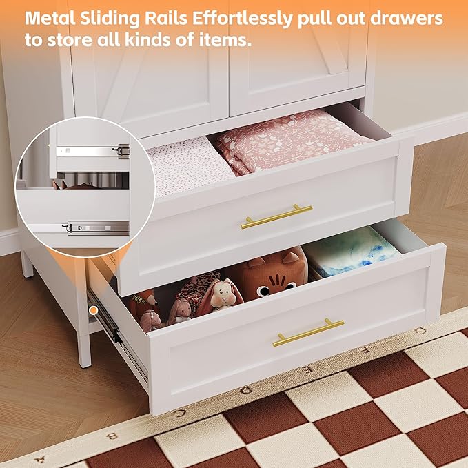 Aobabo Metal Wardrobe Cabinet with 2 Drawer, 71" H Metal Armoire Wardrobe Closet with Adjustable Shelf and Hanging Rod for Home, Laundry Room, Office, Installation Required, White