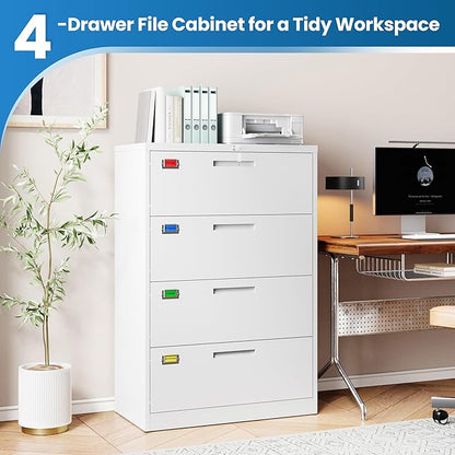 4 Drawer File Cabinet, Lateral Filing Cabinets for Home Office, Office Storage Drawers with Lock, Hanging Files Legal/Letter A4 Size (Assemble Required,White)