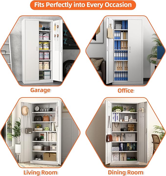 Metal Storage Cabinet with 5 Adjustable Shelves and Pegboard, 71" H White Garage Storage Cabinet with Doors, Metal File Cabinet for Garage,Home, Office, White, Assembly Required