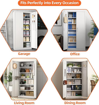 Metal Storage Cabinet with 5 Adjustable Shelves and Pegboard, 71" H White Garage Storage Cabinet with Doors, Metal File Cabinet for Garage,Home, Office, White, Assembly Required