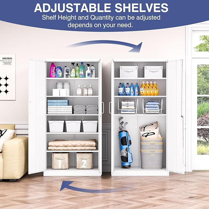 Metal Garage Storage Cabinet, 72" Tall White Tool Cabinet with Lockable Doors and 5 Adjustbale Shelves for Garage,HomeOffice