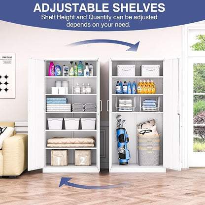 Metal Storage Cabinet with Lock,Tall White File Cabinet with 2 Doors and 5 Adjustable Shelves,Steel Storage Cabinets for Garage,Home Office,Pantry,School,Hospital