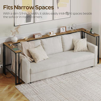 70.9" Narrow Console Table with Adjustable Height (27.6"-35.4"), L Shaped Sofa Table Narrow Long, Skinny Behind Couch Table with USB-C Ports, 5.9" Wide Sofa Side Table, Rustic Brown CT28UBR