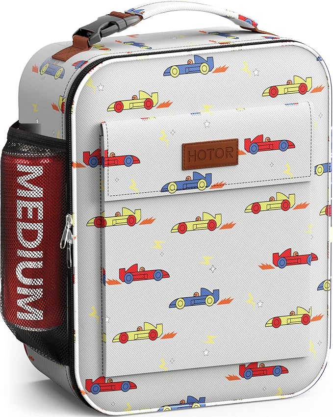 HOTOR Lunch Bag for Men & Women - Large Capacity Insulated Lunch Bag with Mutiple Pockets, Wear-Resistant Cooler Lunch Box for Office, Picnic, Gray with Race Car Print, 7L, 9.06" x 4.33" x 10.63"