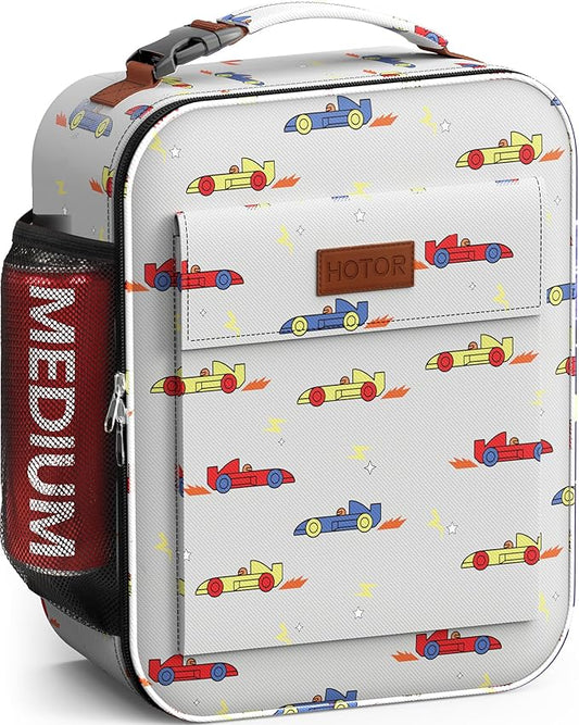HOTOR Lunch Bag for Men & Women - Large Capacity Insulated Lunch Bag with Mutiple Pockets, Wear-Resistant Cooler Lunch Box for Office, Picnic, Gray with Race Car Print, 7L, 9.06" x 4.33" x 10.63"