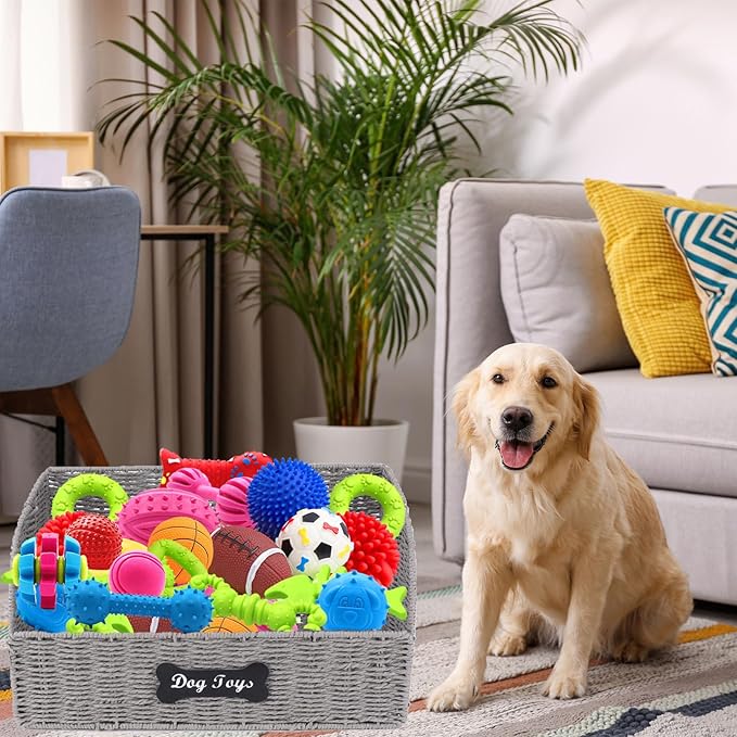 Dog Toy Basket Large Foldable Portable Rattan Dog Toy Storage Organizer for Living Room Bedroom Entryway Floor Corner Pet Toys Basket with Label, Dogs Toys Bin for Cats, Dogs and Pets-Grey