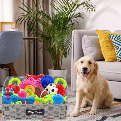 Dog Toy Basket Large Foldable Portable Rattan Dog Toy Storage Organizer for Living Room Bedroom Entryway Floor Corner Pet Toys Basket with Label, Dogs Toys Bin for Cats, Dogs and Pets-Grey