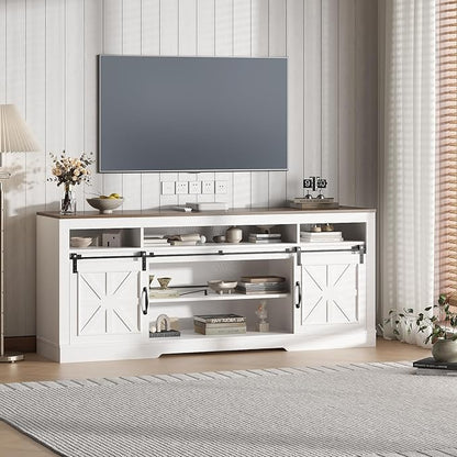 Garvee TV Stand Table for 75 in Television, Media Console Table with Open Storage, Power Outlets, Barn Doors, Entertainment Center with Adjustable Shelves for Home & Office, 66 in Width, White