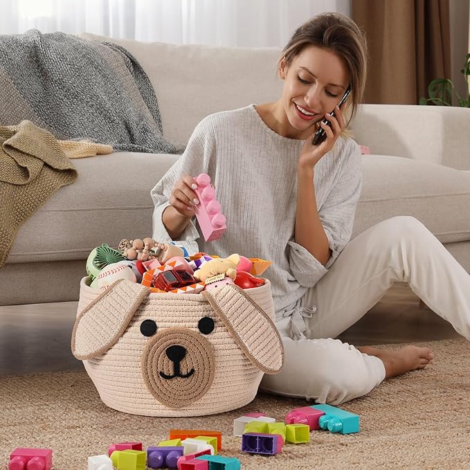 Zopeal Dog Woven Basket Cute Woven Cotton Rope Puppy Animal Storage Basket for Laundry Toy Gift(Khaki,13 x 8 Inch)