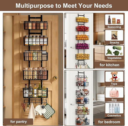 Adjustable Over The Door Organizer, Metal Hanging Door Organizer with 5 Wire Basket 7 Hooks, Wall Mounted Shelf for Pantry Laundry Organization and Storage, Black