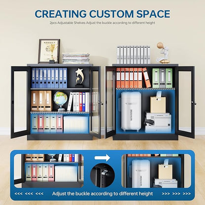Display Cabinet with Acrylic Doors, 35.4 Inches Metal Curio Storage Cabinet with 2 Adjustable Shelves, Locking Display Case for Home, Office, Clinic, Pantry, Assemble Required (Black)