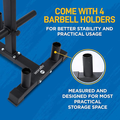 SereneLife 6-Pegs Olympic Weight Plate Rack & 4 Barbells - 800 Pounds Capacity, Heavy Duty Gym Organizer, Scratch Resistant Frame, Powder-Coat Finish, Easy to Assemble, Compact & Space-Saving