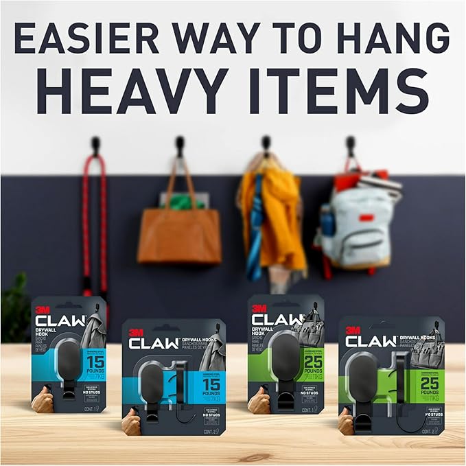 3M CLAW 15 lb. 2 Drywall Black Hooks & 2 Extra Picture Hangers, Heavyweight Hanging Solution for Backpacks, Jackets, Pictures and Room Decor, Cute Wall Hooks - 4 Pack