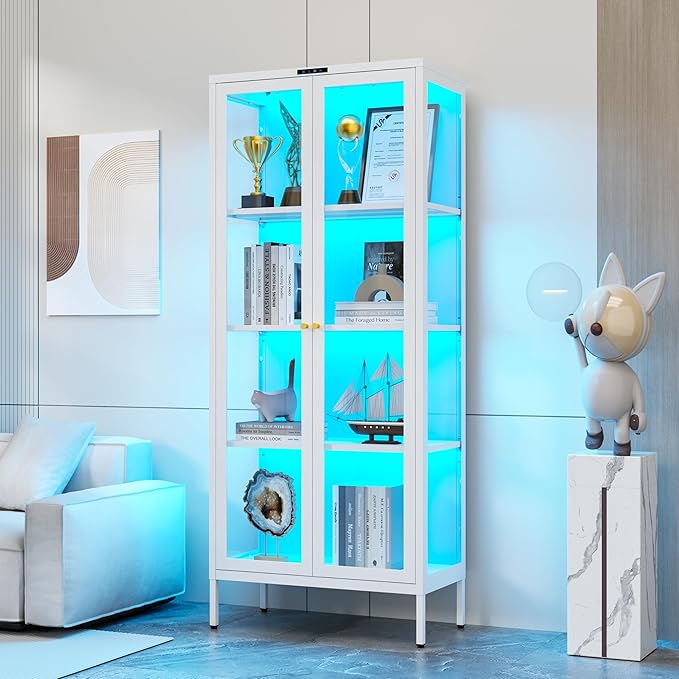 Glass Display Cabinet with Glass Doors, Metal Curio Cabinet with 8-Color LED Lights, 66 Inch Tall Display Case for Collectibles, White Glass Cabinet for Living Room, Assembly Required