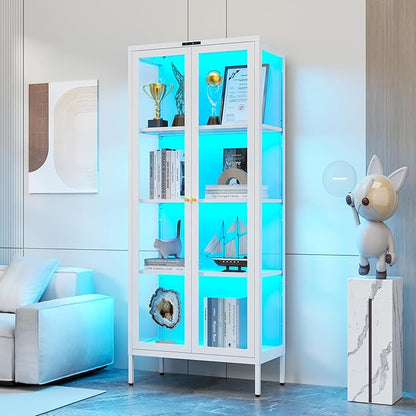 Glass Display Cabinet with Glass Doors, Metal Curio Cabinet with 8-Color LED Lights, 66 Inch Tall Display Case for Collectibles, White Glass Cabinet for Living Room, Assembly Required