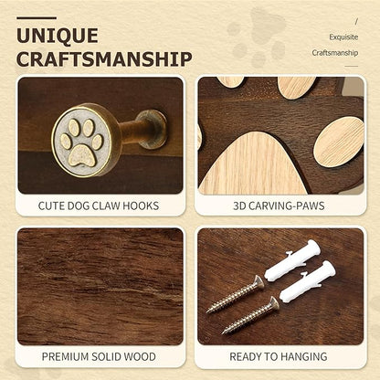 MTERSN Dog Leash Holder for Wall – Fun Dog Paw Key Holder Wall Mount with Floating Shelf and 6 Hooks Unique 3D Pet Claw Hooks - Farmhouse Home Decor for Entryway & Apartment (Dark Acacia)