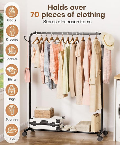 Homde Heavy Duty Clothes Rack: 120lb Standing Garment Storage for Indoor - Rolling Hanging Rod for Bedroom Laundry Room - Coat Dress Organizer on Wheels with luggage shelf (Black, 46.5")