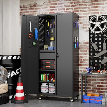 Aobabo Metal Storage Cabinet with Wheels and Adjustable Pegboard, 71" H Steel Rolling Cabinet with 16 Hooks and 1 Interior Drawers for Garage, Home, Office, Kitchen, Black, Assembly Required