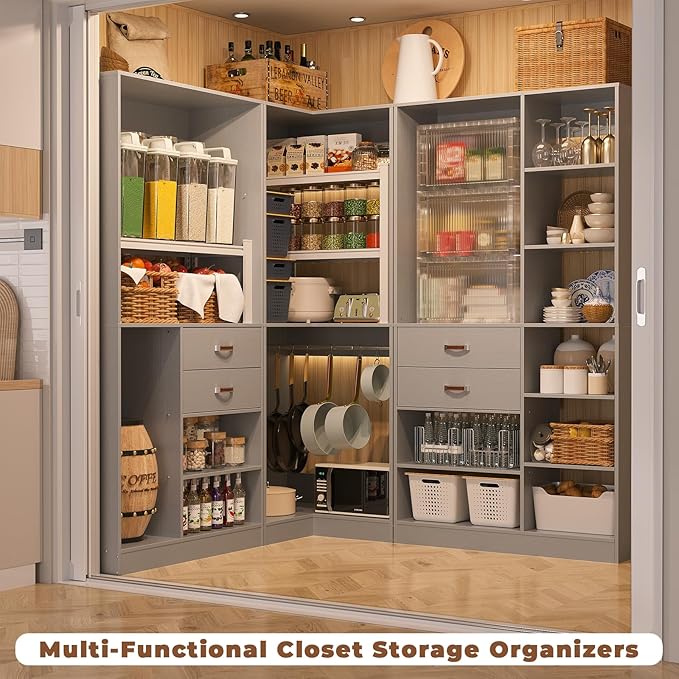 Armocity Freestanding Closet System with 3 Sets, 110'' Reversible Stand-alone Wardrobe, 80'' Height Cloth Garment Organizer, Walk-in Closet with Hanging Rod, 71"L x 71"W x 80"H, Load 2500 LBS, Grey