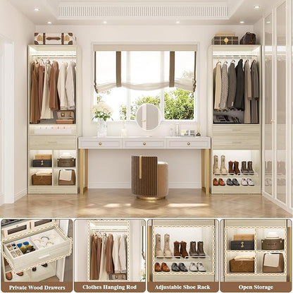 Unikito 50" W x 80'' H Closet Organizer Storage System with 2 Hanging Rod and 2 Wooden Drawers, Adjustable Shoes Rack, 4 Cubby Storage, Walk-in Closet Tower for Bedroom, Mudroom, Entryway, White Oak