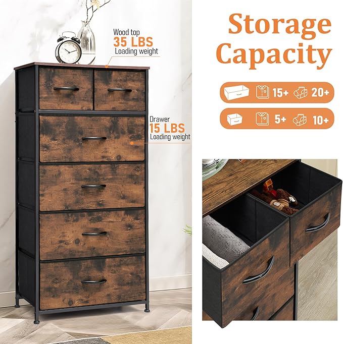 Fabric Dresser for Bedroom, Tall Skinny Dresser with 6 Drawers, Storage Organizer Tower, Steel Frame Wooden Top for Closet, Living Room, Hallway(Rustic Brown)