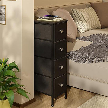 Fixwal Narrow Storage Cabinet, Small Dresser with 4 Drawers, Slim Fabric Dresser Storage for Small Spaces, Black Nightstand Side Table for Bedroom, Bathroom, Laundry, Closet, Dorm
