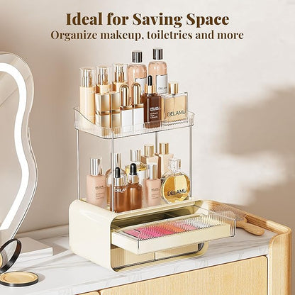 Delamu Bathroom Counter Organizer 2-Drawers 2-Tier Acrylic Makeup Organizer for Vanity Countertop, Skincare Perfume Storage, Easy Assembly, Ideal for Women, Bath Linen Sets, CreamWhite