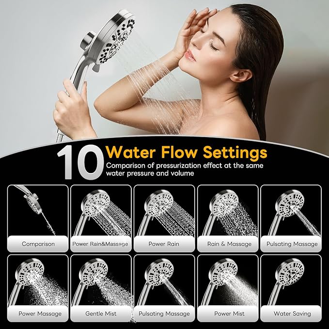 Magnetic Handheld Shower Brushed Nickel,High-Pressure 10-Mode Shower Head with Magnetic Guidance Docking System,Stainless Steel Hose