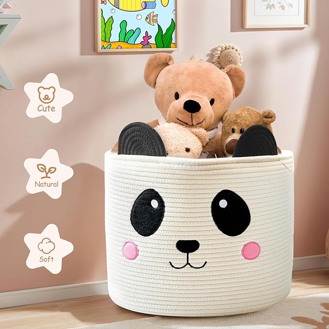 OMERAI Cotton Rope Storage Basket with Panda Design, 15"D x 12.6"H, Portable, Foldable, Multifunctional Laundry Basket