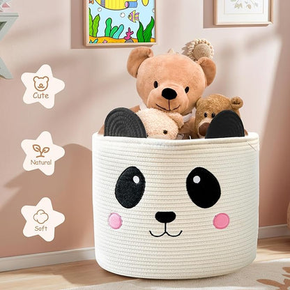 OMERAI Cotton Rope Storage Basket with Panda Design, 15"D x 12.6"H, Portable, Foldable, Multifunctional Laundry Basket
