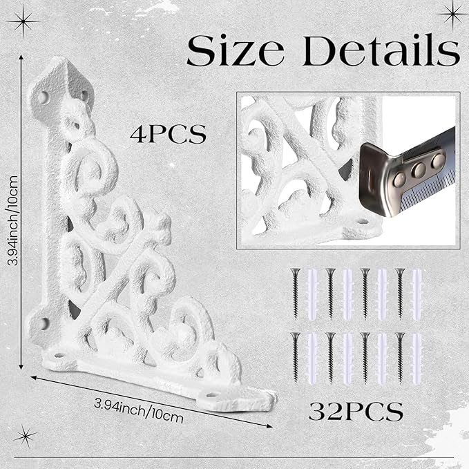 Blulu 4 Pack Antique Style Cast Iron Shelf Brackets Decorative Brackets 3 7/8" x 3 7/8" Wall Mount Shelving Bracket Heavy Duty Victorian Style Shelf(White)