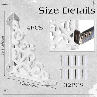 Blulu 4 Pack Antique Style Cast Iron Shelf Brackets Decorative Brackets 3 7/8" x 3 7/8" Wall Mount Shelving Bracket Heavy Duty Victorian Style Shelf(White)