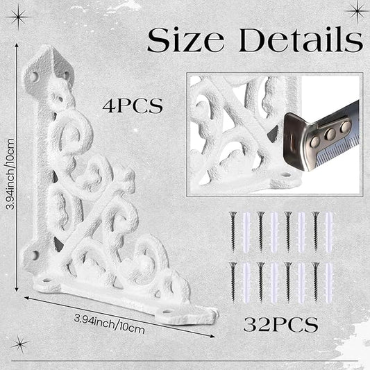Blulu 4 Pack Antique Style Cast Iron Shelf Brackets Decorative Brackets 3 7/8" x 3 7/8" Wall Mount Shelving Bracket Heavy Duty Victorian Style Shelf(White)