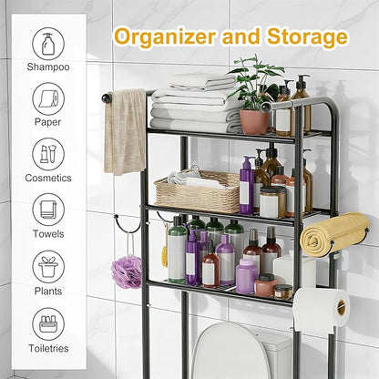 3-Tier Over The Toilet Storage Shelf，Bathroom Organizers and Storage Over Toilet，Metal Bathroom Space Saver with 2 Bars，1 Paper Holder and 4 Hooks,Black