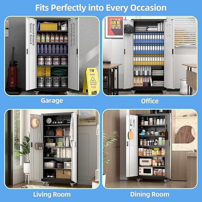 SUXXAN Garage Storage Cabinet with Pegboard and 5 Adjustable Shelves, 71'' x 34'' x 18''Metal Lockable Cabinet with Magnetic Doors,Tool Storage,Home Office Garage,Gym,School (Black-Silver)