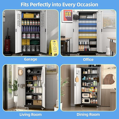 SUXXAN Garage Storage Cabinet with Pegboard and 5 Adjustable Shelves, 71'' x 34'' x 18''Metal Lockable Cabinet with Magnetic Doors,Tool Storage,Home Office Garage,Gym,School (Black-Silver)