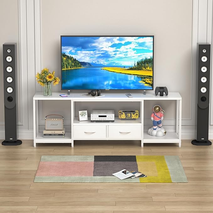 GYIIYUO TV Stand with Fabric Drawers for 55 60 65 Inches TV - Entertainment Center and Industrial TV Console Table with Open Storage Shelves for Living Room, Bedroom - 55.1" White