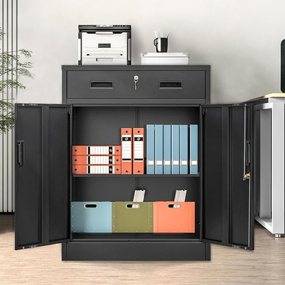 Metal Storage Cabinet, Locking Cabinet with One Drawer and Adjustable Shelf, 36" H x 28" W x 16" D Steel Storage Cabinet for Office, Garage, Home-Black