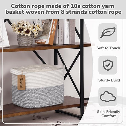 Goodpick Woven Storage Basket, Small Laundry Basket for Clothes, Towels and Shoes, Rope Square Gift Organizer with Handles, Gray and White, 13 x 10 x 9 Inches