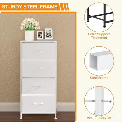 DUMOS Dresser for Bedroom, 4 Storage Drawers, Tall Fabric Closet Chests Organizer Tower Furniture with Wooden Top Metal Frame for Clothes, Living Room, Hallway, Entryway