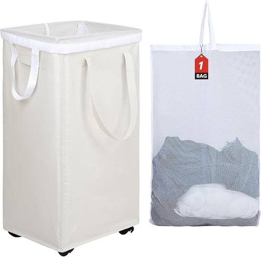 DOKEHOM 90L X-Large Laundry Basket with Removable Wash Bag on Wheels, Collapsible Rolling Laundry Hamper, Foldable Clothes Organizer, Folding Washing Bin (Beige)